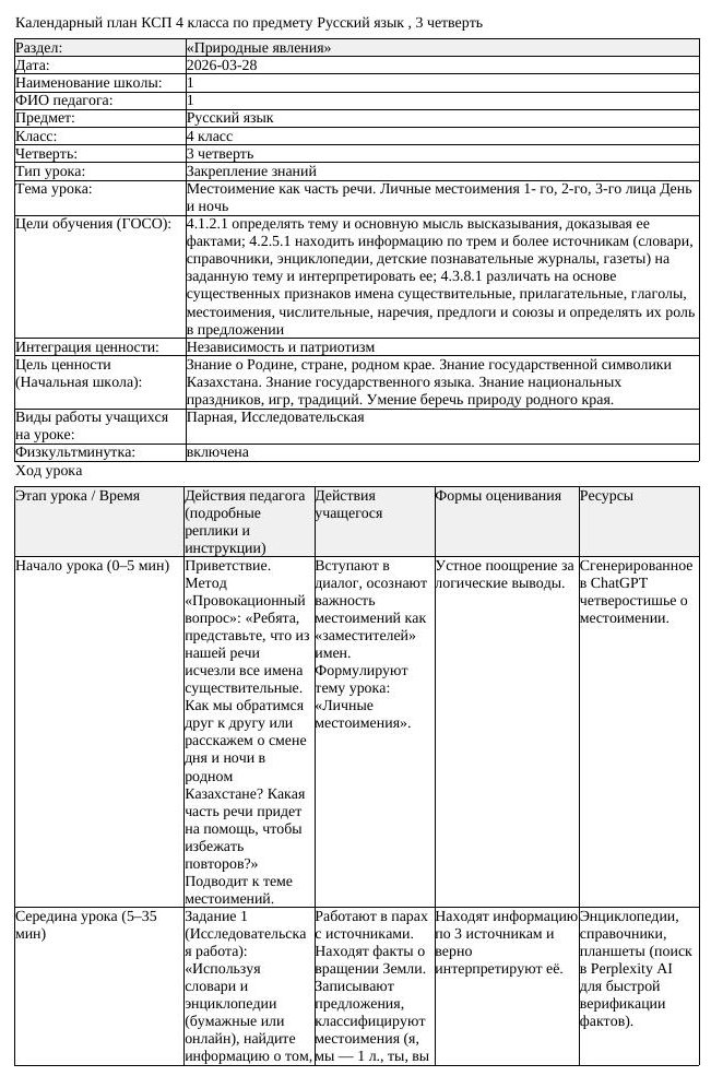 КСП Русский язык 4 класс 3 четверть Местоимение как часть речи Личные (урок 1)