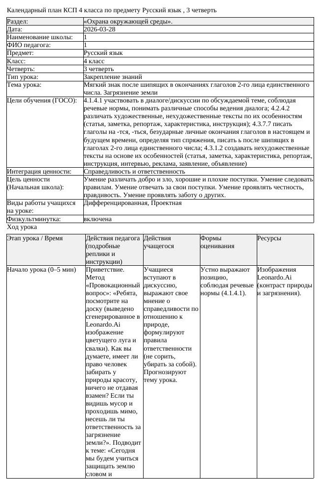 КСП Русский язык 4 класс 3 четверть Мягкий знак после шипящих в