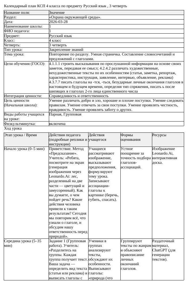КСП Русский язык 4 класс 3 четверть Повторение по разделу Умная