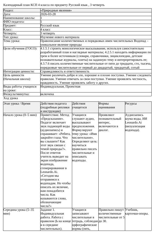 КСП Русский язык 4 класс 3 четверть Правописание количественных