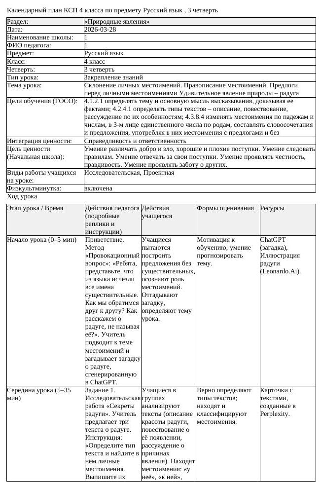 КСП Русский язык 4 класс 3 четверть Склонение личных местоимений (урок 2)