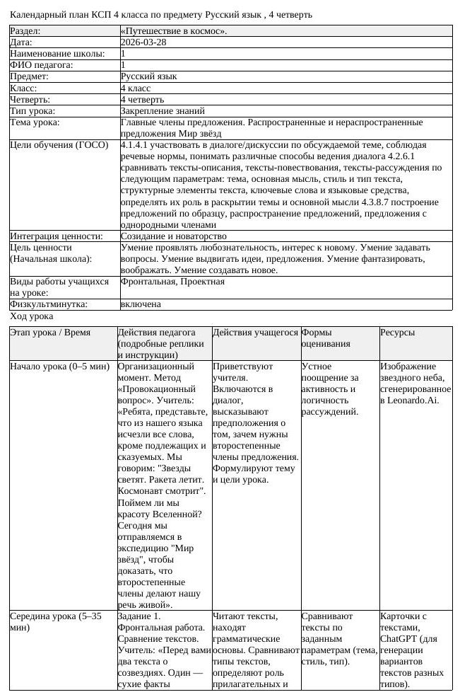 КСП Русский язык 4 класс 4 четверть Главные члены предложения Распространен