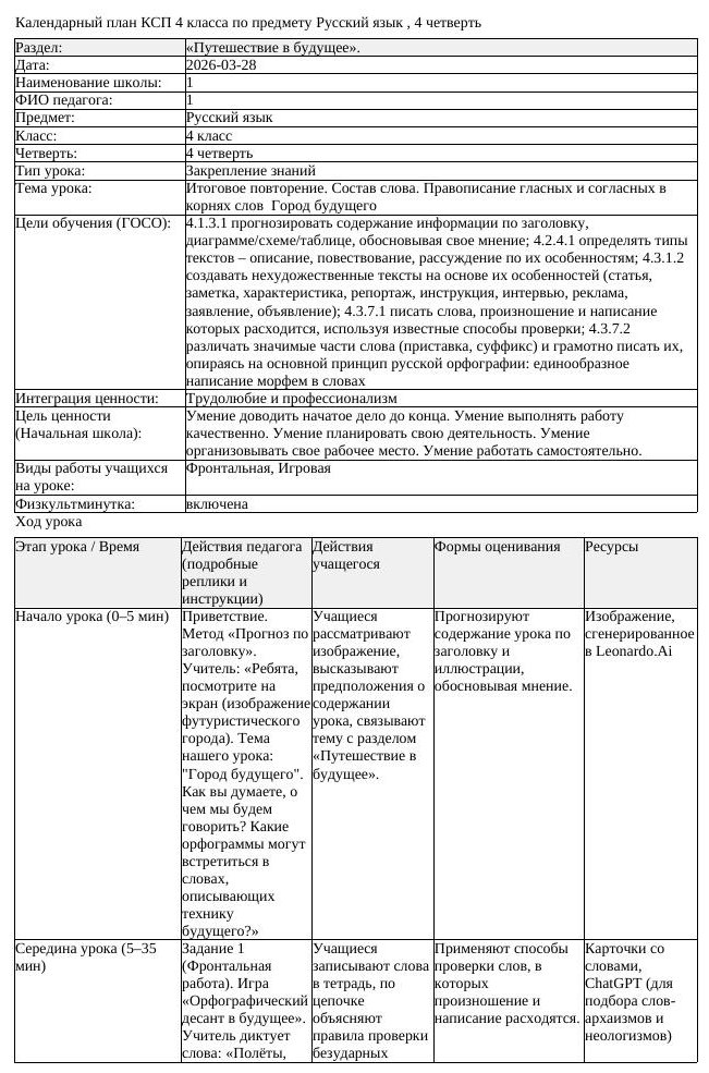 КСП Русский язык 4 класс 4 четверть Итоговое повторение Состав слова (урок 1)