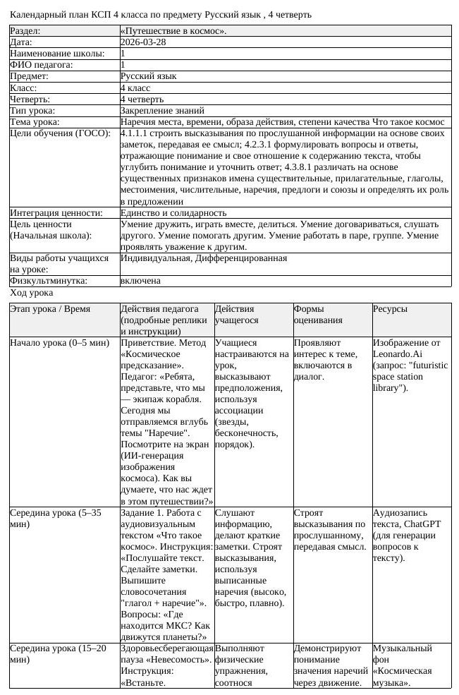 КСП Русский язык 4 класс 4 четверть Наречия места времени образа (урок 1)