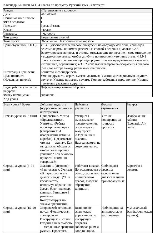 КСП Русский язык 4 класс 4 четверть Обращение На космическом корабле (урок 1)