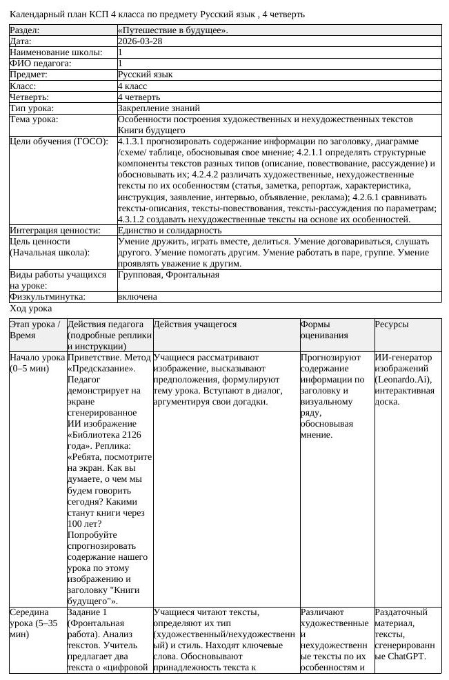 КСП Русский язык 4 класс 4 четверть Особенности построения художественных (урок 1)