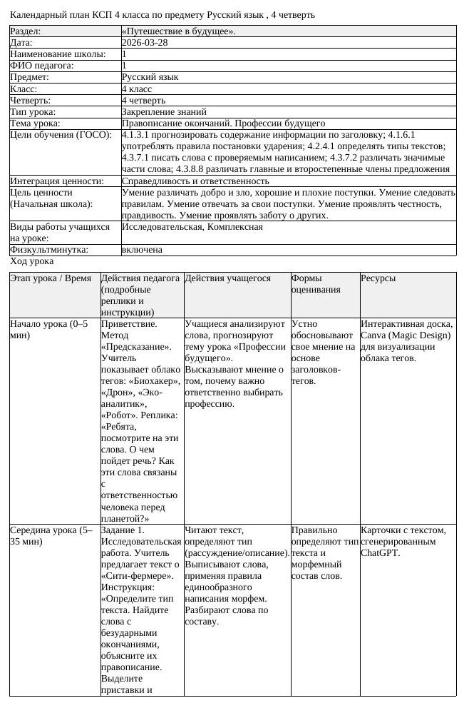 КСП Русский язык 4 класс 4 четверть Правописание окончаний Профессии (урок 2)