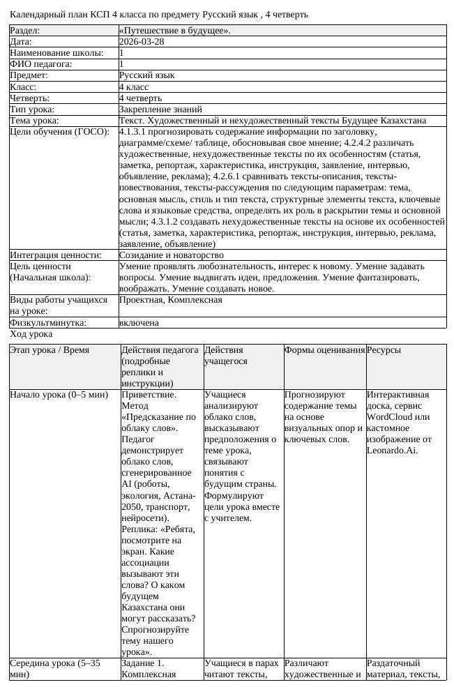 КСП Русский язык 4 класс 4 четверть Текст Художественный и нехудожественный (урок 2)