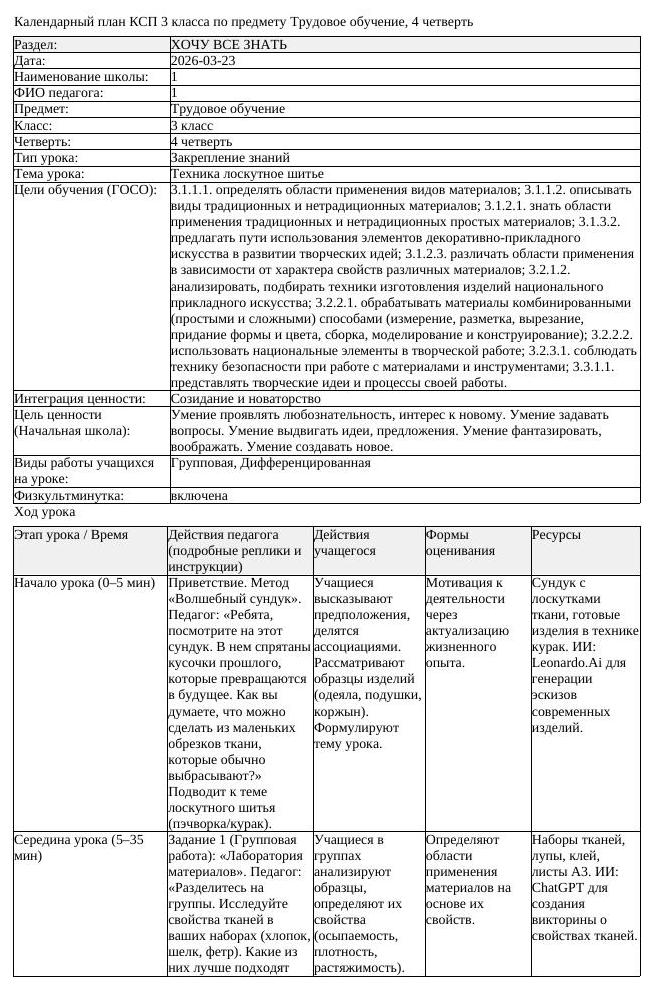 КСП Трудовое обучение 3 класс 4 четверть Техника лоскутное шитье (урок 1)