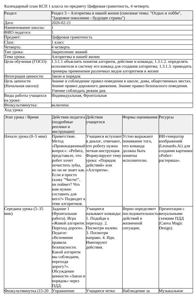 КСП Цифровая грамотность 1 класс 4 четверть Алгоритмы в нашей жизни (урок 1)