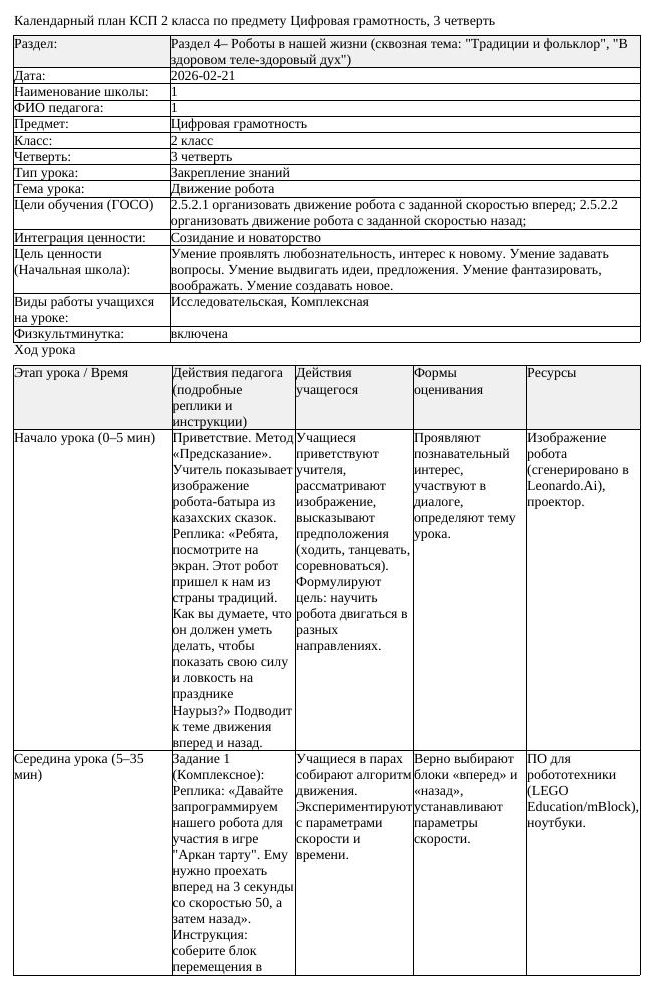 КСП Цифровая грамотность 2 класс 3 четверть Движение робота (урок 1)