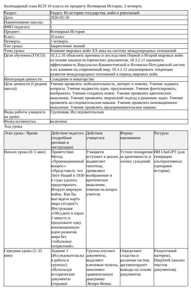 КСП Всемирная История 10 класс 3 четверть Влияние мировых войн ХХ (урок 2)