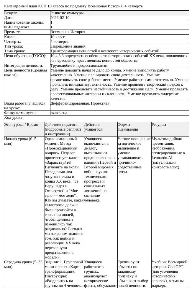 КСП Всемирная История 10 класс 4 четверть Трансформация ценностей (урок 1)