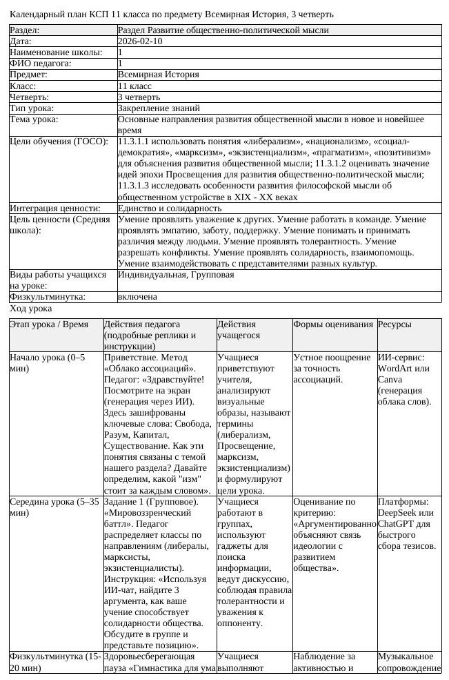 КСП Всемирная История 11 класс 3 четверть Основные направления развития (урок 1)