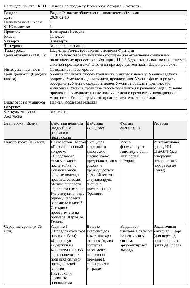 КСП Всемирная История 11 класс 3 четверть Шарль де Голль возрождение (урок 3)