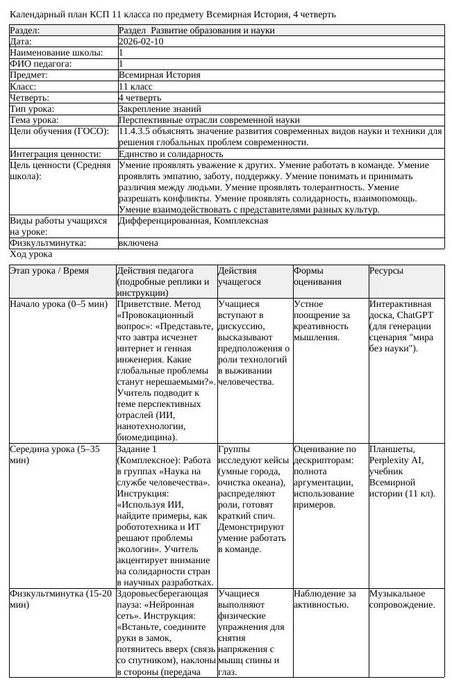 КСП Всемирная История 11 класс 4 четверть Перспективные отрасли современной (урок 3)