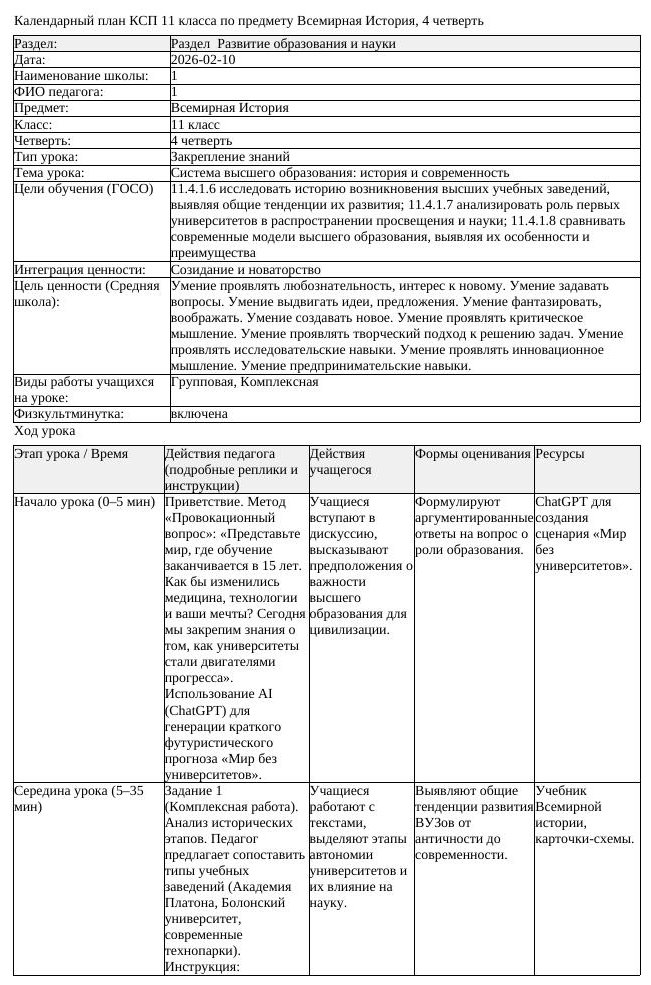 КСП Всемирная История 11 класс 4 четверть Система высшего образования (урок 2)