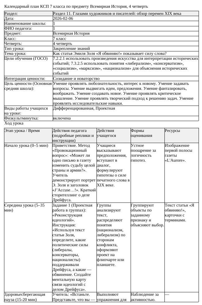КСП Всемирная История 7 класс 4 четверть Как статья Эмиля Золя Я