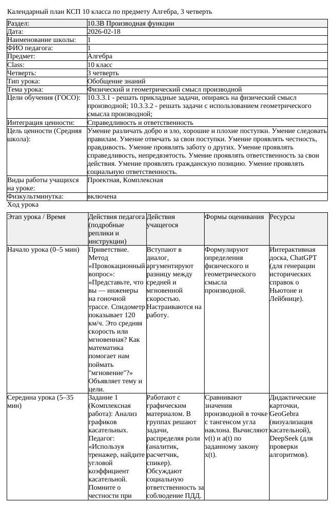 КСП Алгебра 10 класс 3 четверть Физический и геометрический смысл (урок 4)