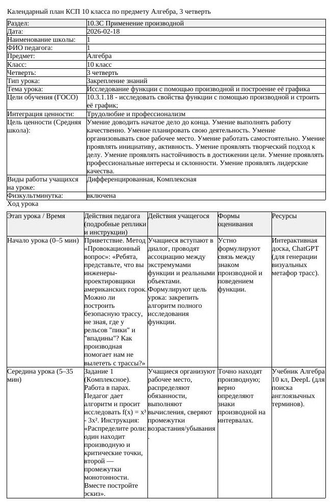 КСП Алгебра 10 класс 3 четверть Исследование функции с помощью производной (урок 2)