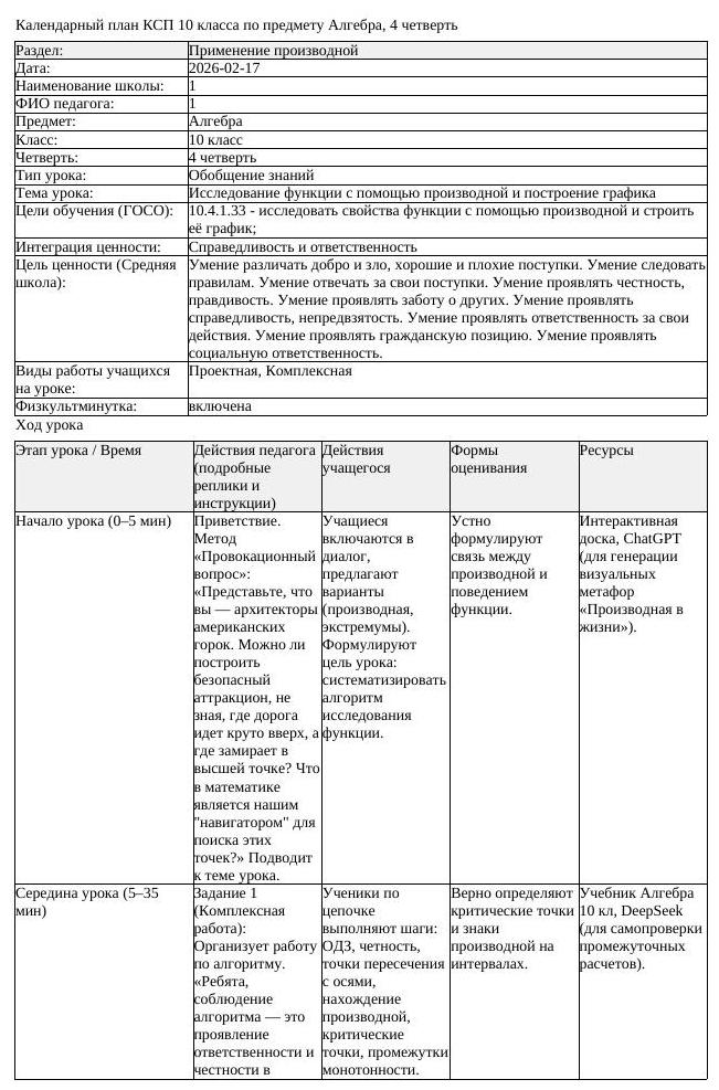 КСП Алгебра 10 класс 4 четверть Исследование функции с помощью производной (урок 3)