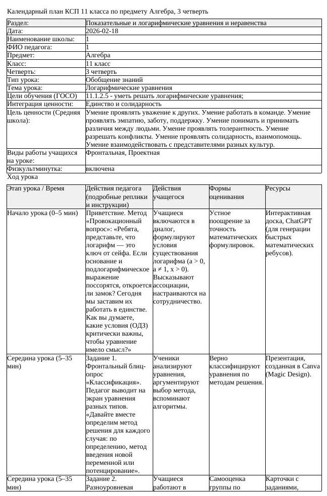 КСП Алгебра 11 класс 3 четверть Логарифмические уравнения (урок 3)