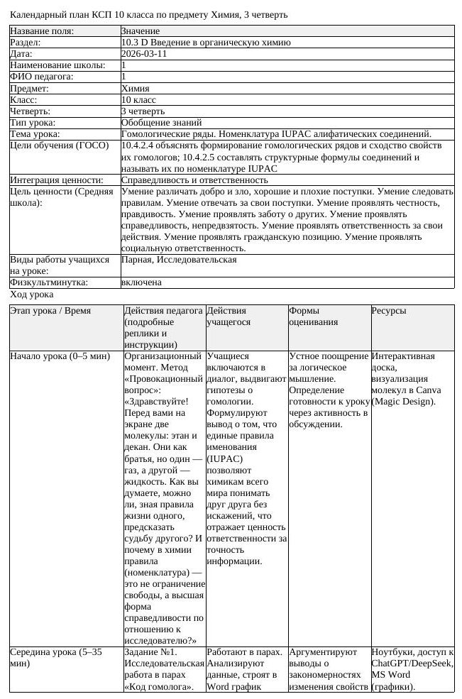КСП Химия 10 класс 3 четверть Гомологические ряды Номенклатура IUPAC (урок 2)