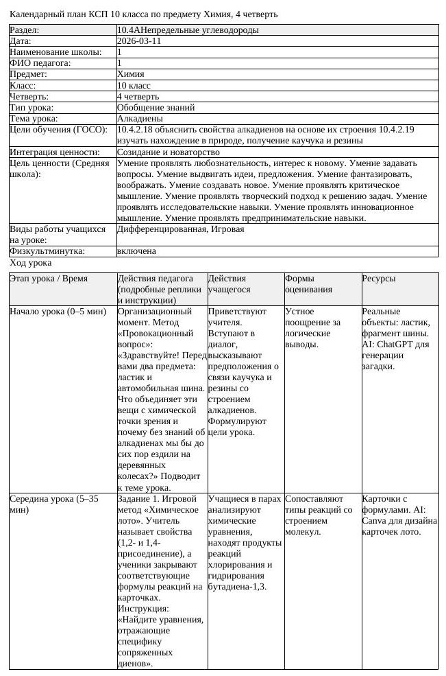 КСП Химия 10 класс 4 четверть Алкадиены docx (урок 2)