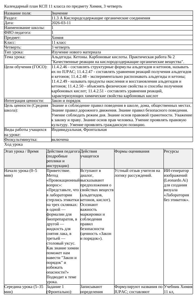 КСП Химия 11 класс 3 четверть Альдегиды Кетоны Карбоновые кислоты (урок 7)