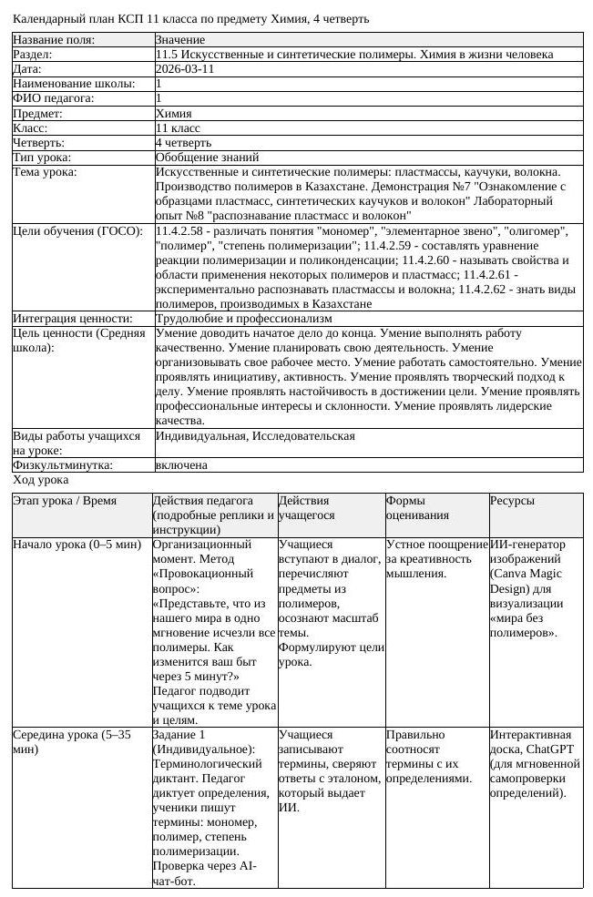 КСП Химия 11 класс 4 четверть Искусственные и синтетические полимеры (урок 2)