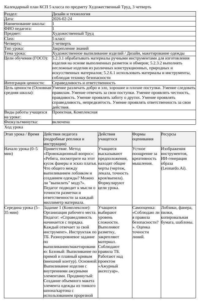 КСП Художественный Труд 5 класс 3 четверть Художественное выпиливание (урок 4)