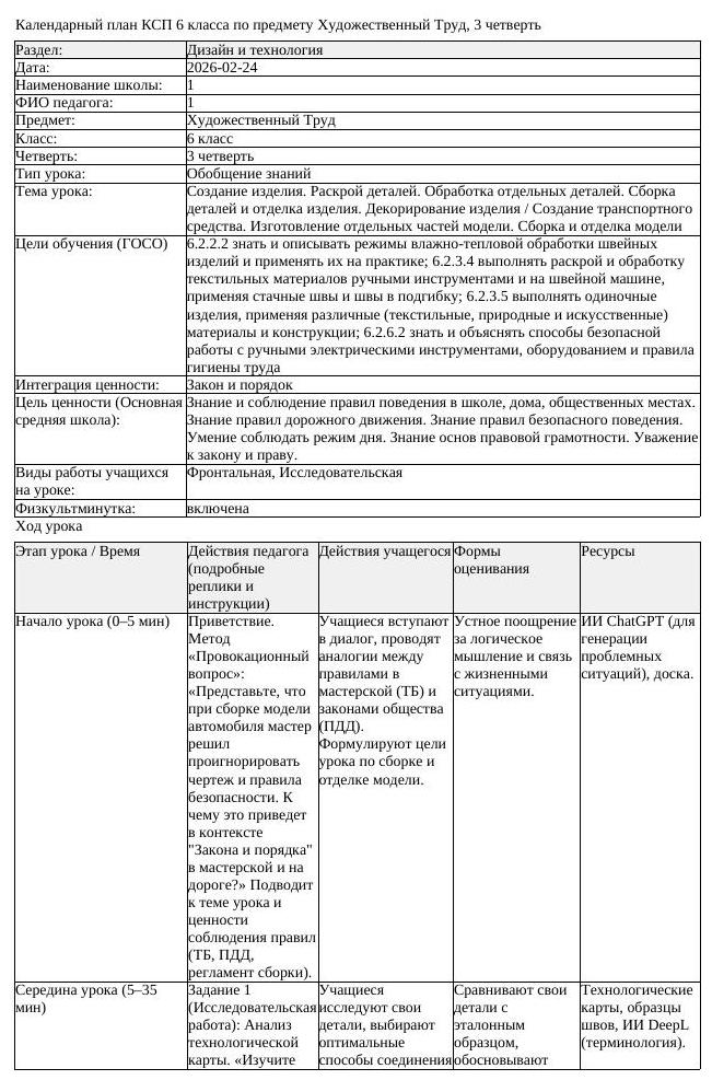 КСП Художественный Труд 6 класс 3 четверть Создание изделия Раскрой (урок 6)