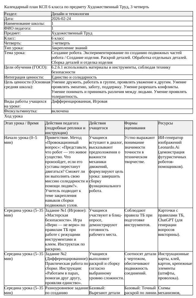 КСП Художественный Труд 6 класс 3 четверть Создание робота Экспериментирова (урок 2)