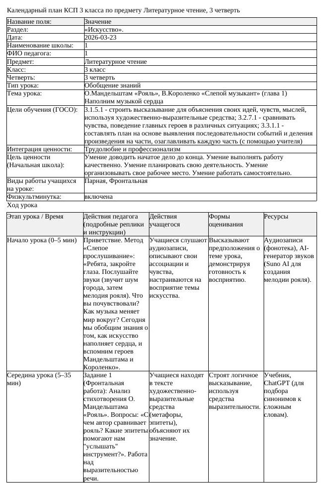 КСП Литературное чтение 3 класс 3 четверть О Мандельштам Рояль В (урок 3)
