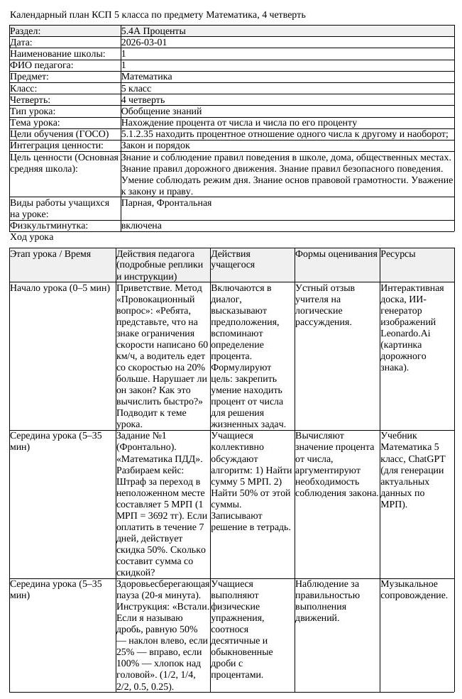 КСП Математика 5 класс 4 четверть Нахождение процента от числа и (урок 2)