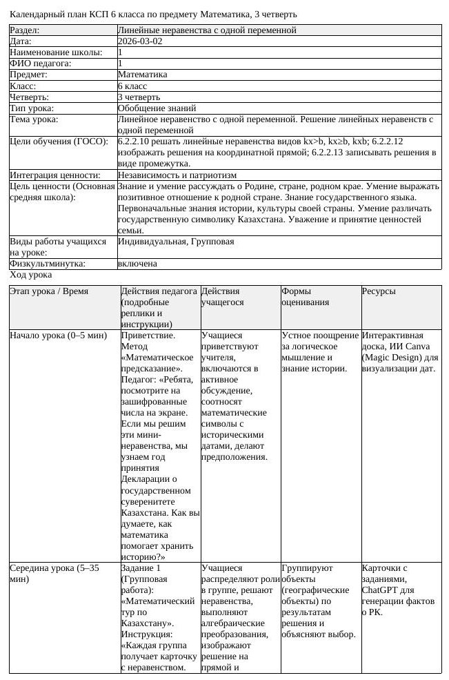 КСП Математика 6 класс 3 четверть Линейное неравенство с одной переменной (урок 2)