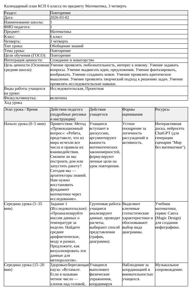 КСП Математика 6 класс 3 четверть Повторение docx (урок 3)