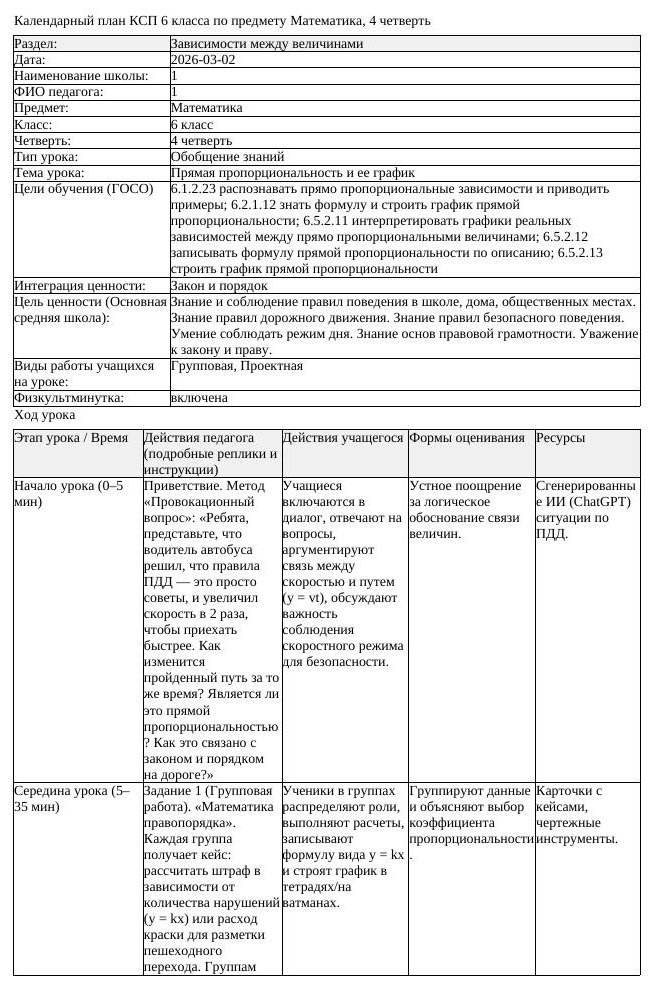 КСП Математика 6 класс 4 четверть Прямая пропорциональность и ее (урок 4)