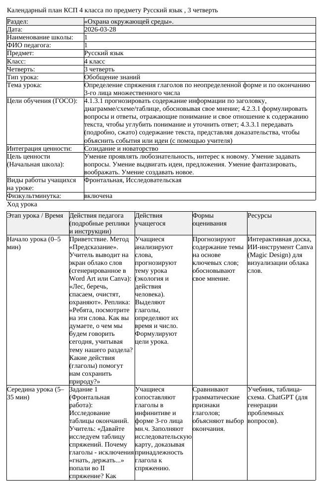 КСП Русский язык 4 класс 3 четверть Определение спряжения глаголов (урок 2)