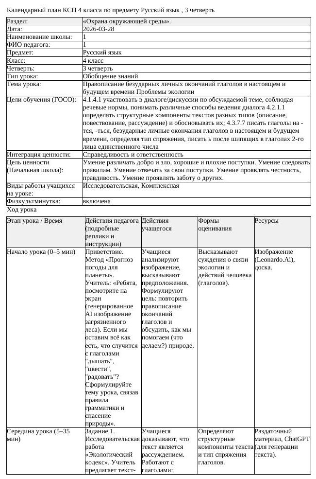 КСП Русский язык 4 класс 3 четверть Правописание безударных личных (урок 2)