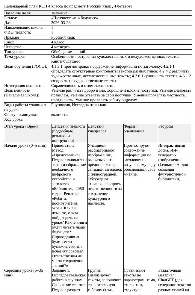 КСП Русский язык 4 класс 4 четверть Особенности построения художественных (урок 2)