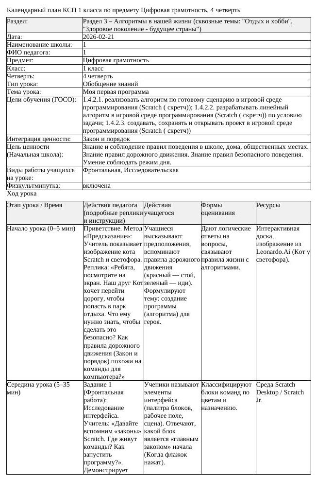 КСП Цифровая грамотность 1 класс 4 четверть Моя первая программа (урок 2)