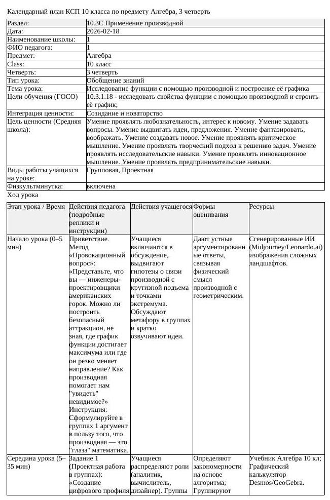 КСП Алгебра 10 класс 3 четверть Исследование функции с помощью производной (урок 3)