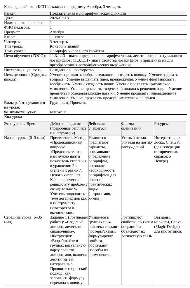 КСП Алгебра 11 класс 3 четверть Логарифм числа и его свойства (урок 4)