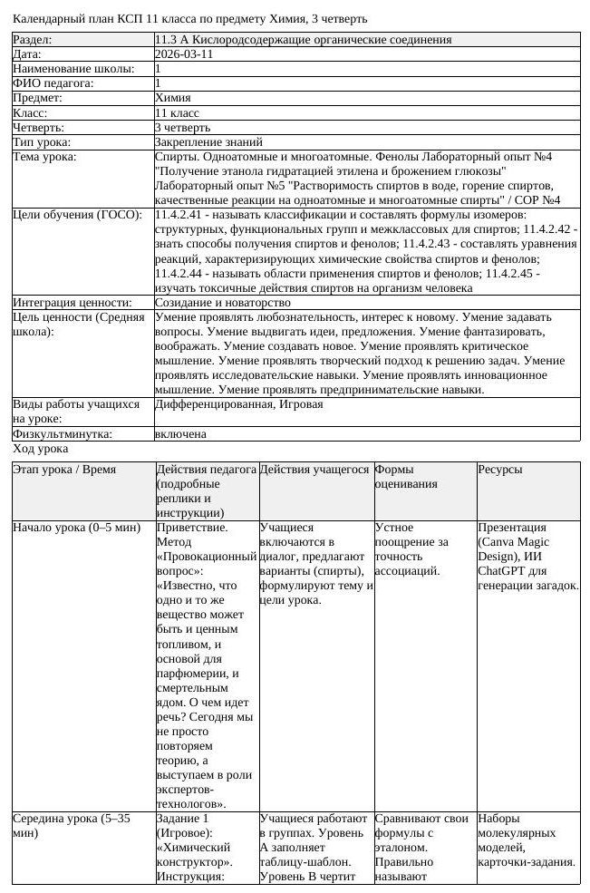 КСП Химия 11 класс 3 четверть Спирты Одноатомные и многоатомные (урок 1)