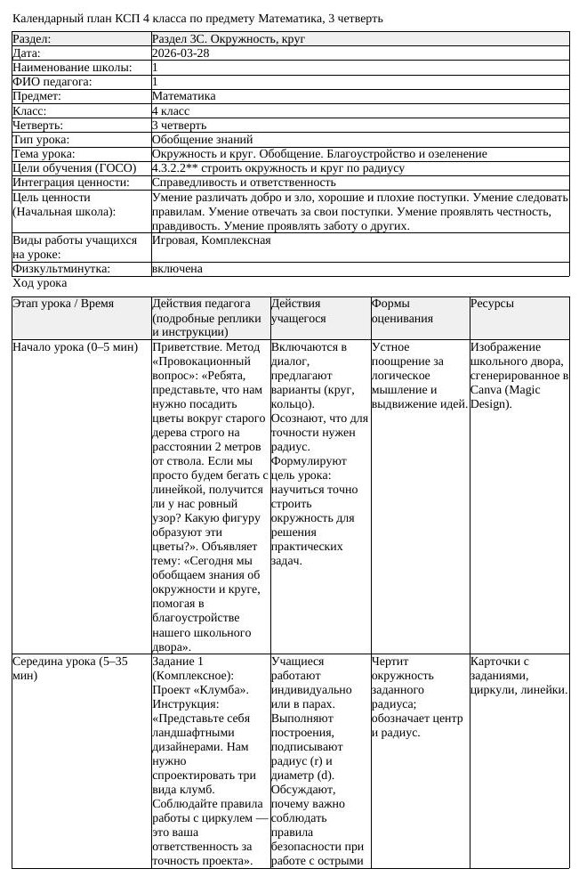 КСП Математика 4 класс 3 четверть Окружность и круг Обобщение Благоустройст (урок 3)