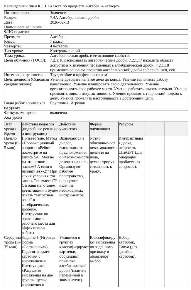 КСП Алгебра 7 класс 4 четверть Алгебраическая дробь и ее основное (урок 1)