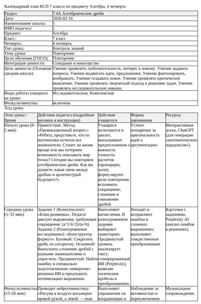 КСП Алгебра 7 класс 4 четверть Повторение docx (урок 5)