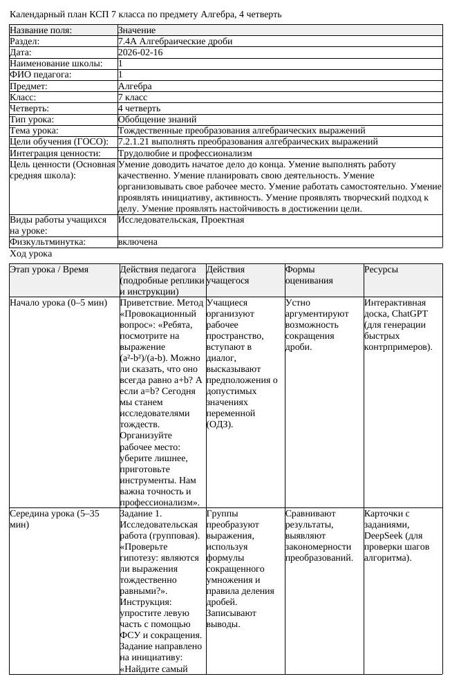 КСП Алгебра 7 класс 4 четверть Тождественные преобразования алгебраических (урок 7)