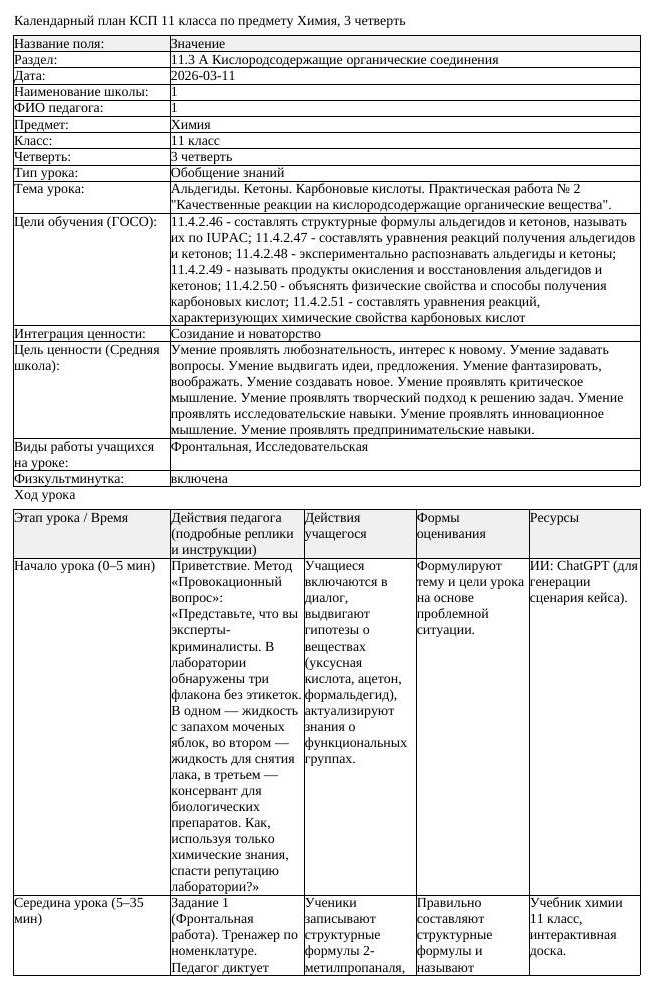 КСП Химия 11 класс 3 четверть Альдегиды Кетоны Карбоновые кислоты (урок 2)